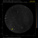 The location of the pulsar in the night sky. It is located in the center of the yellow square, but too faint to be visible against the background. Credit: GALEX GR6/7 Data Release