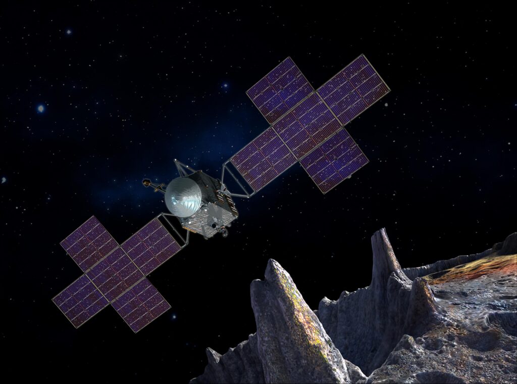An artist's illustration of what Psyche would look like whilst in orbit around 16 Psyche. Credit: NASA / JPL-Caltech / Arizona State University.