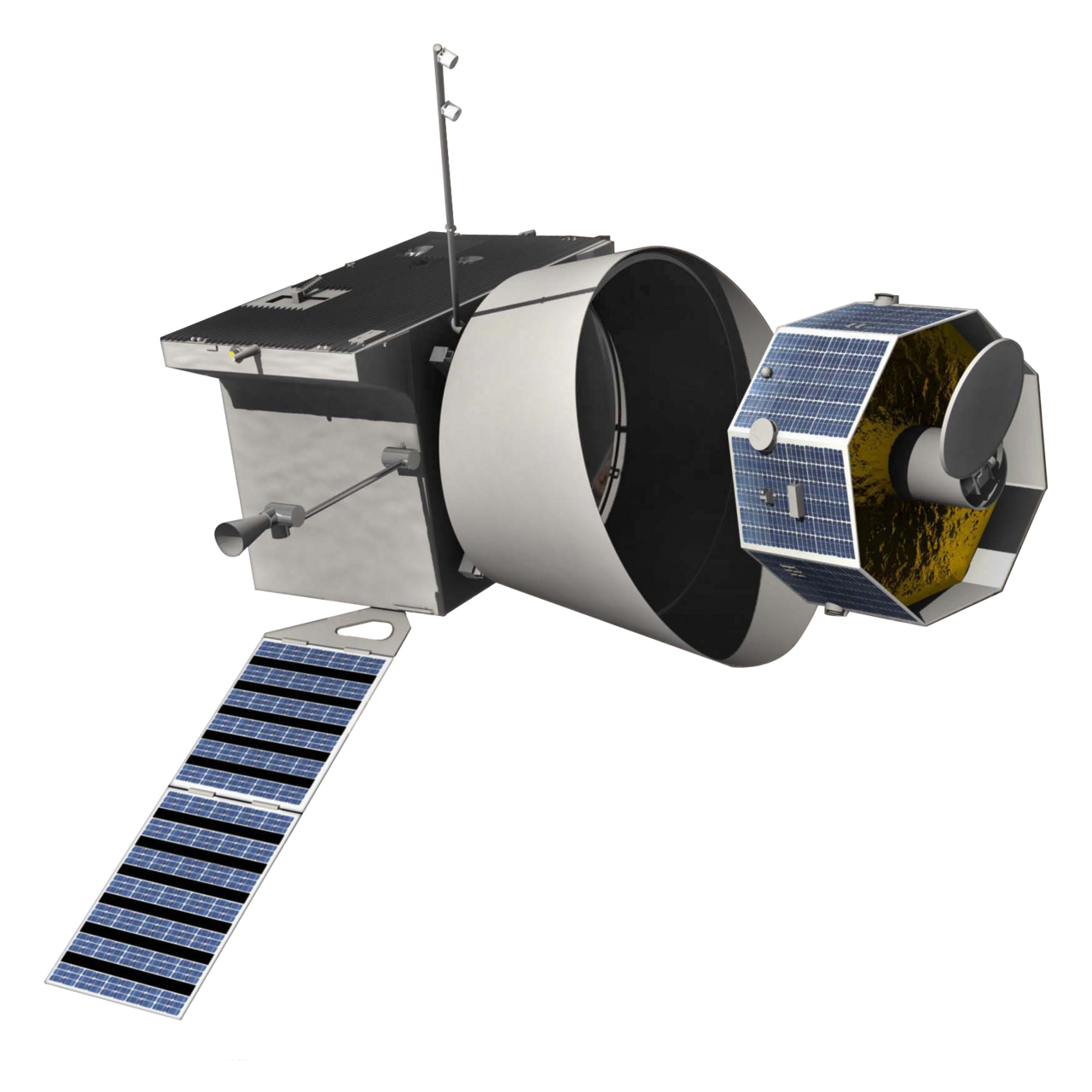 Artist's Rendering, from NASA, of the two spacecraft involved in the ESA's BepiColombo mission. The Mercury Planetary Orbiter is on the left, and the Mercury Magnetospheric Orbiter is on the right, with a sunshade module in between them.