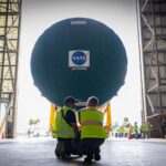 Part of the SLS core stage arrives in the transfer isle of the VAB (Vehicle Assembly Building), for Artemis III in Florida, on April 28th, 2026. Credit: NASA / Frank Michaux